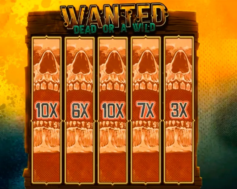 Hacksaw Gaming DualReels mechanic screen showcasing 5 expanded wild multipliers in Wanted Dead or a Wild slot